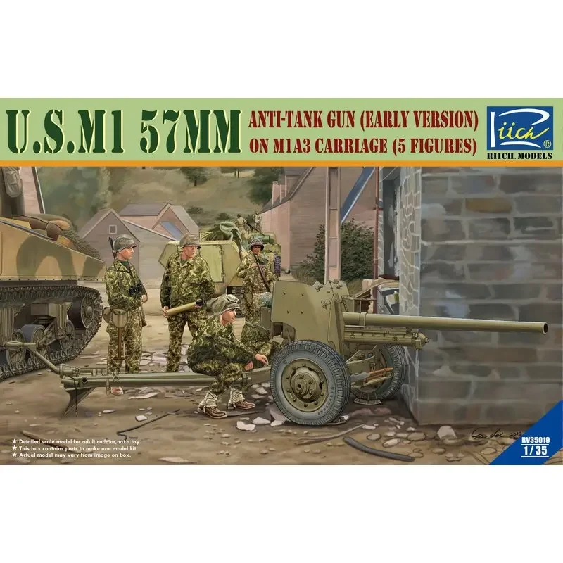 Riich RV35019 1/35 U.S.M1 57mm Anti-Tank Gun (Early) on M1A3 Carriage (5figures) - Scale Model Kit