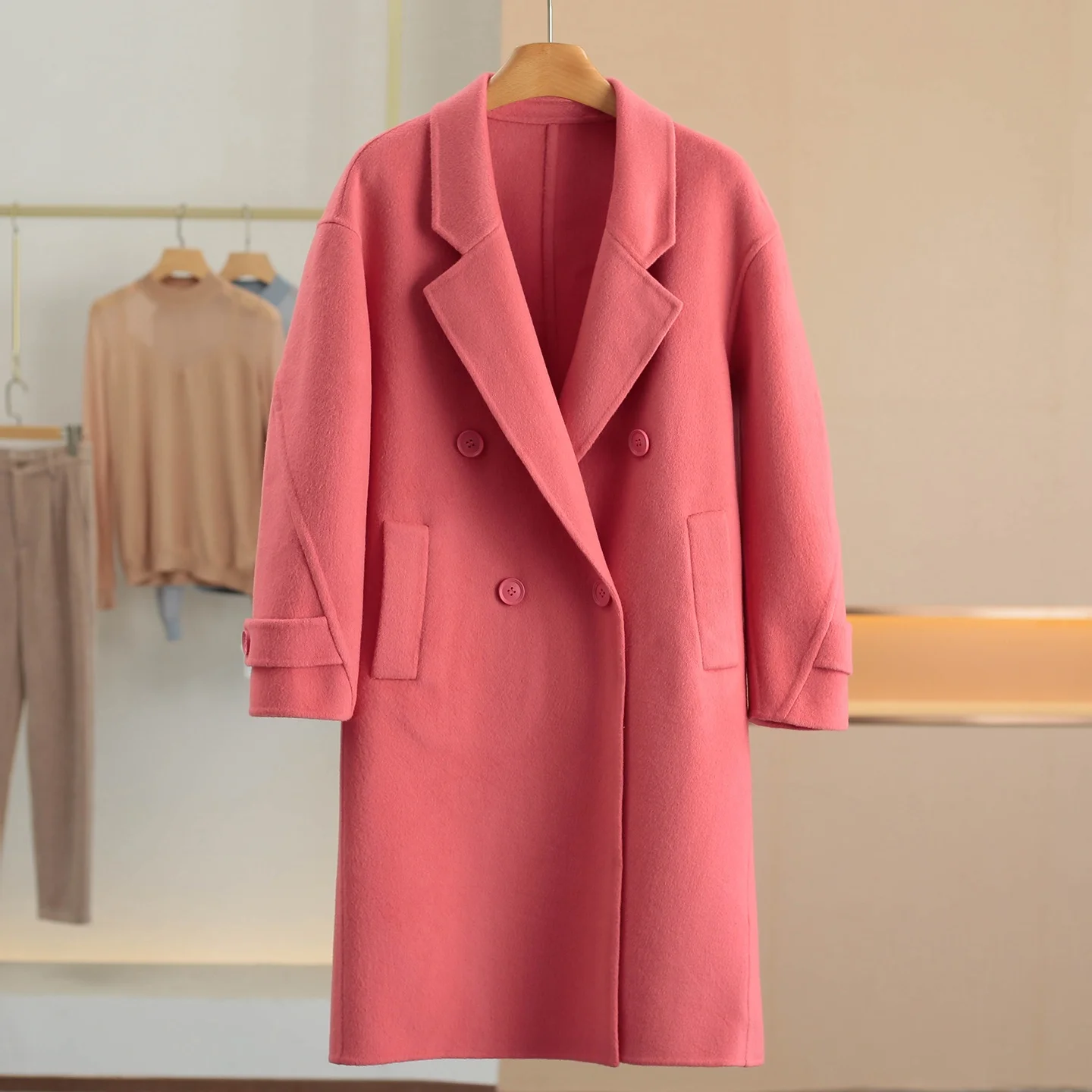 

Double-Faced Woolen Coat Loose Fit Suit Collar 100% Cashmere Winter Fashion Women's Outerwear Long Sleeve Button Closure