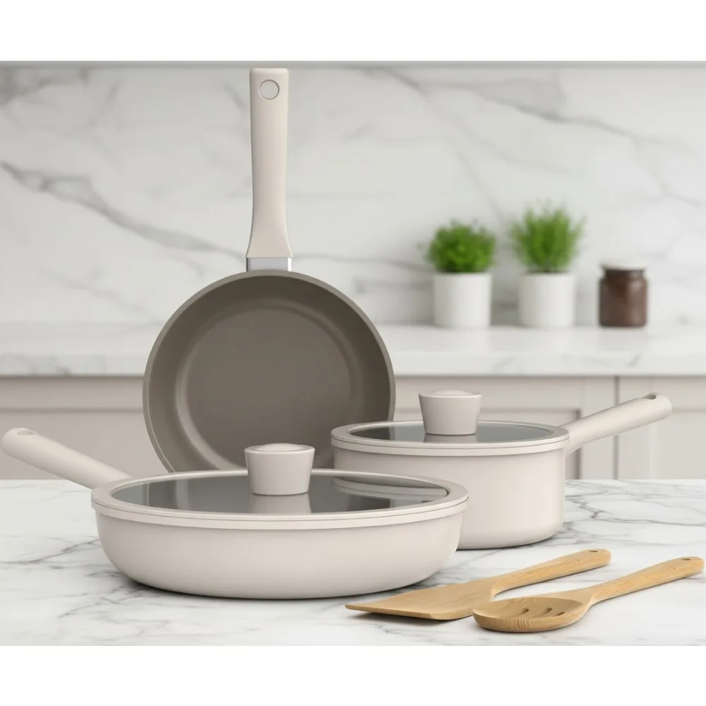 

Набор керамической посуды с антипригарным покрытием из 7 предметов, можно мыть в посудомоечной машине и в духовке, все плиты, совместимые со стеклянными крышками и ручками Cool Touch