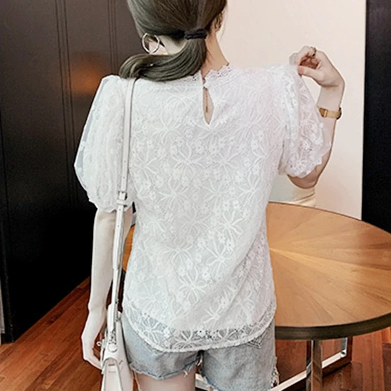 Women White Lace Blouses Summer 2024 Fashion Hollow Out Black Blusas Mujer Casual Korean Style Elegant Puff Sleeve Tops Vintage