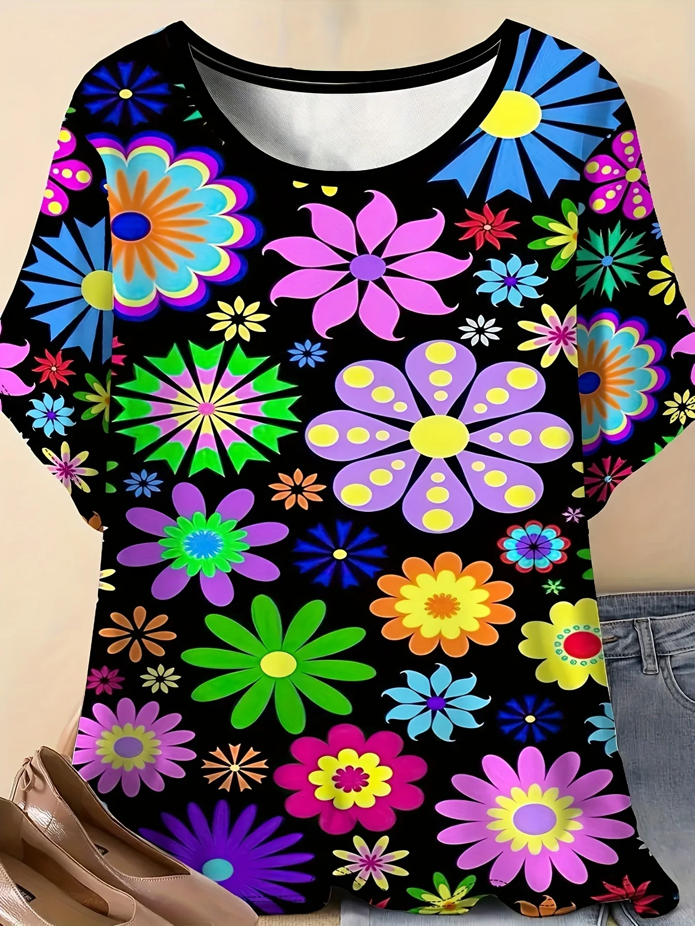 

Plus Size Casual T-shirt Printed Short Sleeve Round Neck Hip-hop Style Summer Top Loose Fit Women Casual Quick Drying Breathable