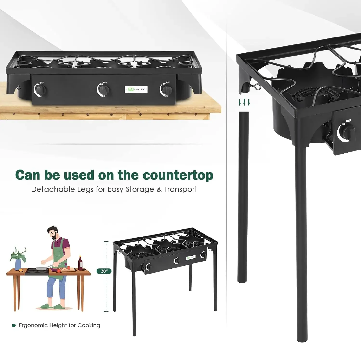 Fogão de acampamento ao ar livre, fogão a gás propano de 3 queimadores com pernas destacáveis e regulador CSA e regulador de 0-20 PSI para acampamento Paito