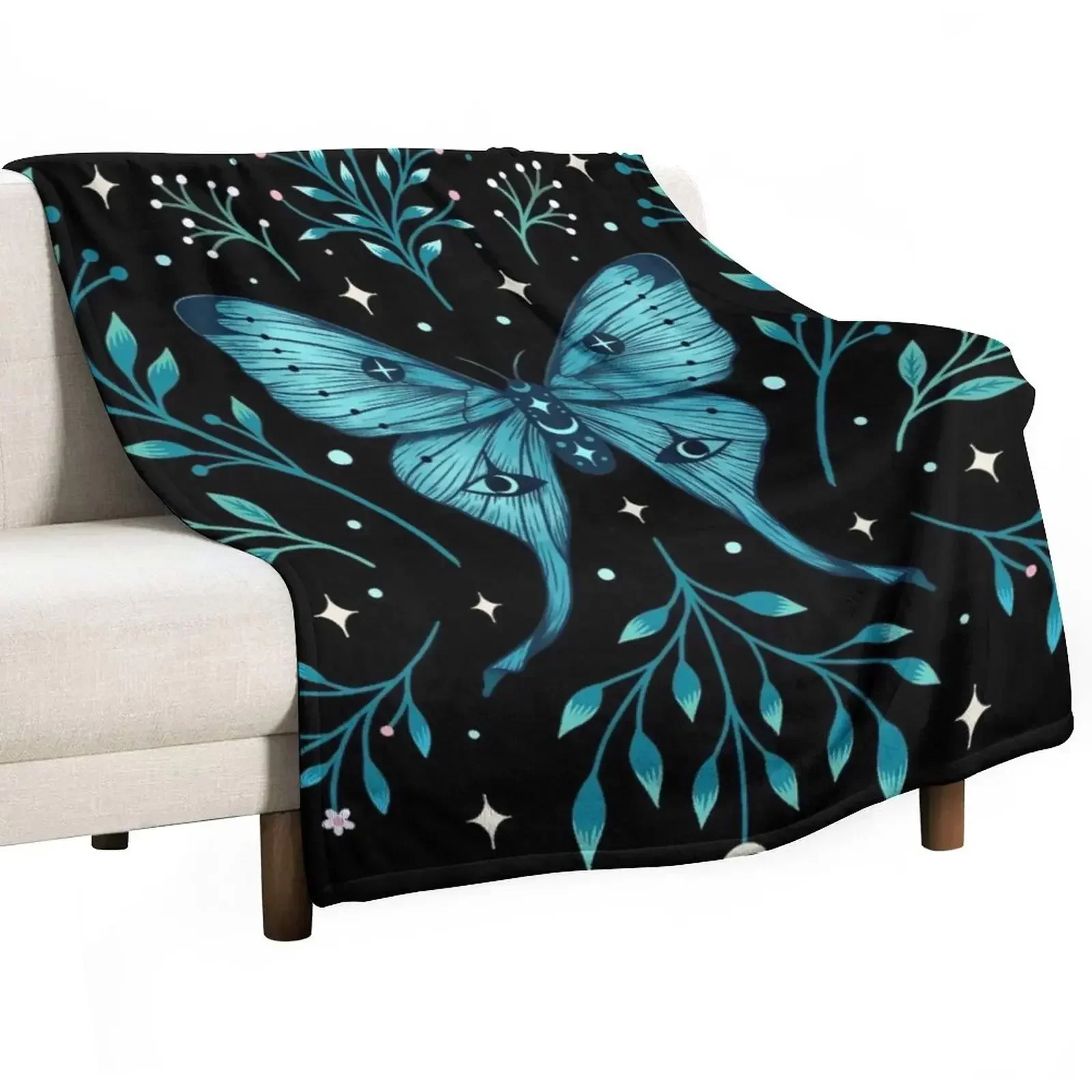 Moth de luna mística, manta turquesa, manta para sofá, ropa de cama cálida de invierno, mantas móviles