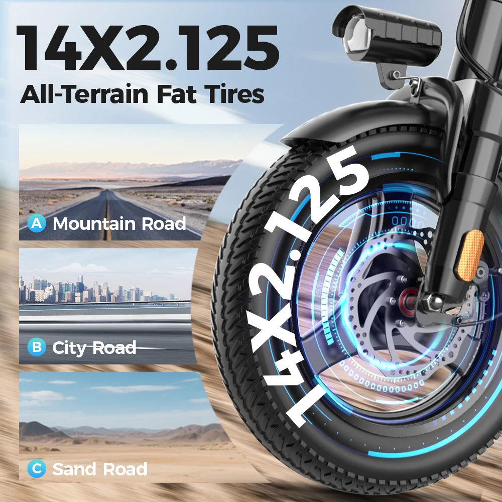 UPlee GS3 14-inch electric bike easy to fold adult commuter electric bike, 500W motor, removable battery, 20-mile maximum range