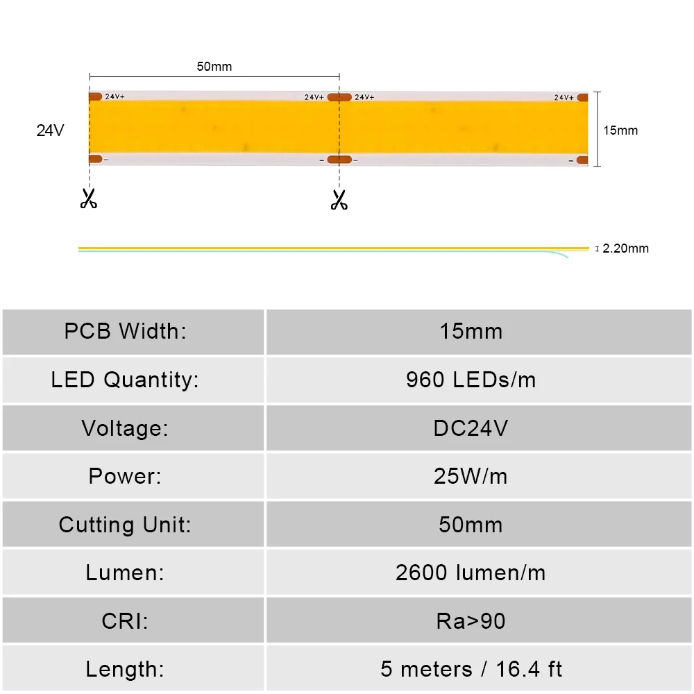 3 Row COB LED Strip Light 2600lm/m High Brightness Density 960 LEDs/m Flexible Dimmable Led Tape RA90 3000K 4000K 6500K DC24V