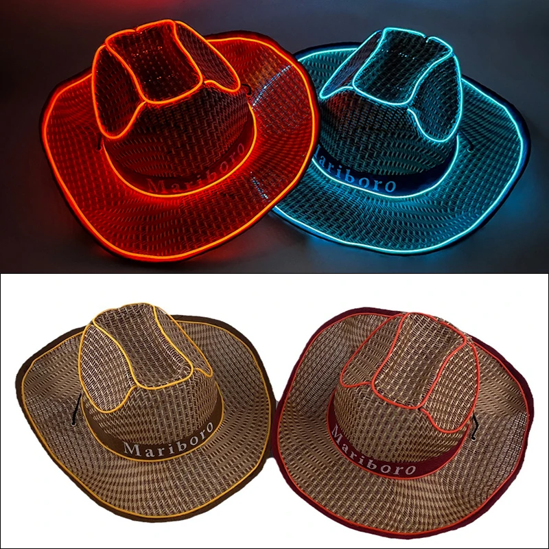 New Glow Party Cowboy Hat Wireless LED Light Up Straw Hat Women Men Summer Beach Sun Protection Cap Neon Luminous Costume Hat