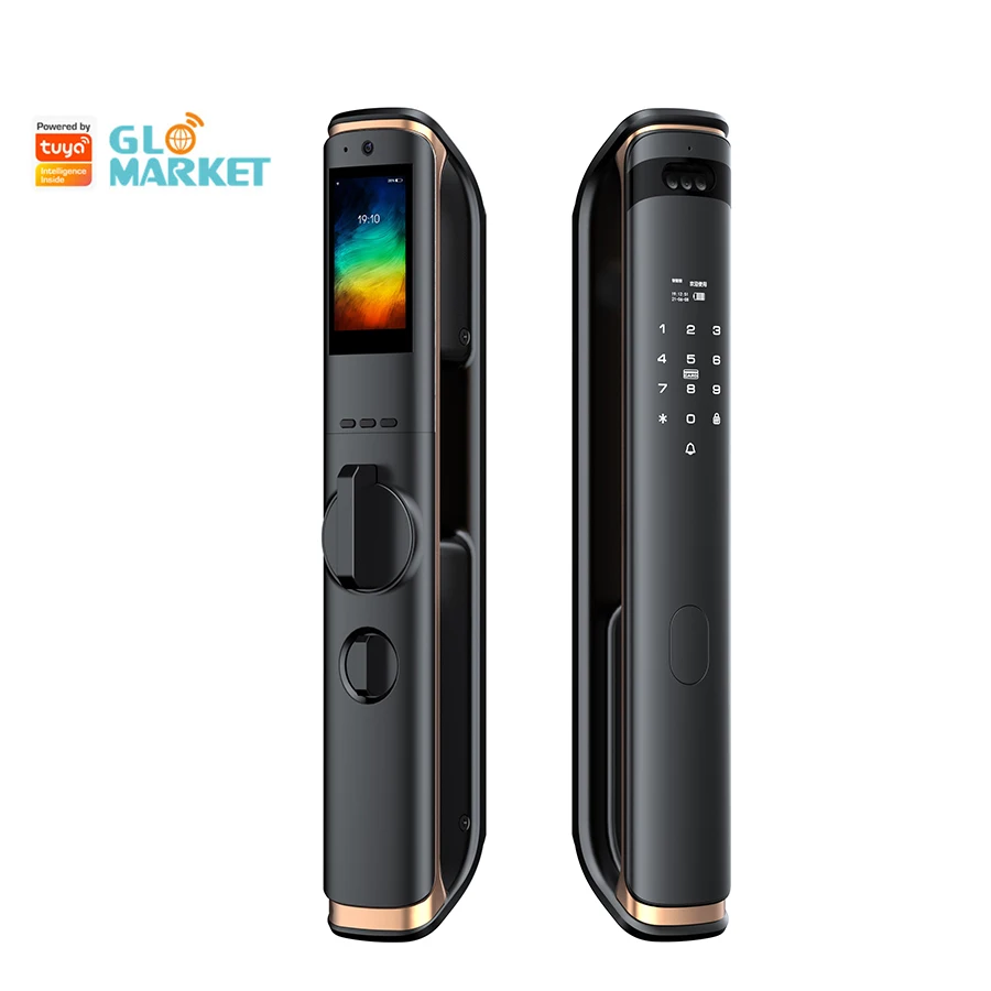 Tuya Wifi Fully Automatic Multi Language Visual Intercom 3dFace Recognition Aluminum Alloy Wood Door Smart Lock Camera