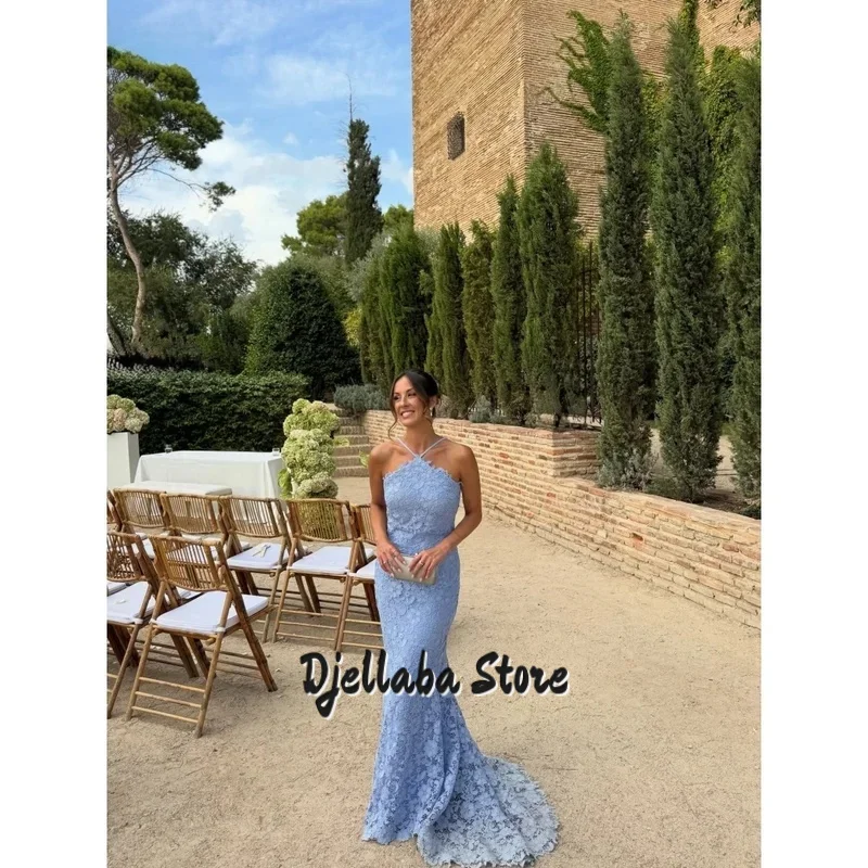 أماندا مخصص الأزرق حورية البحر الرسن الرقبة فستان الحفلة الراقصة شبكة النسيج vestidos de noche الطابق طول عارية الذراعين مساء رسمي 2025