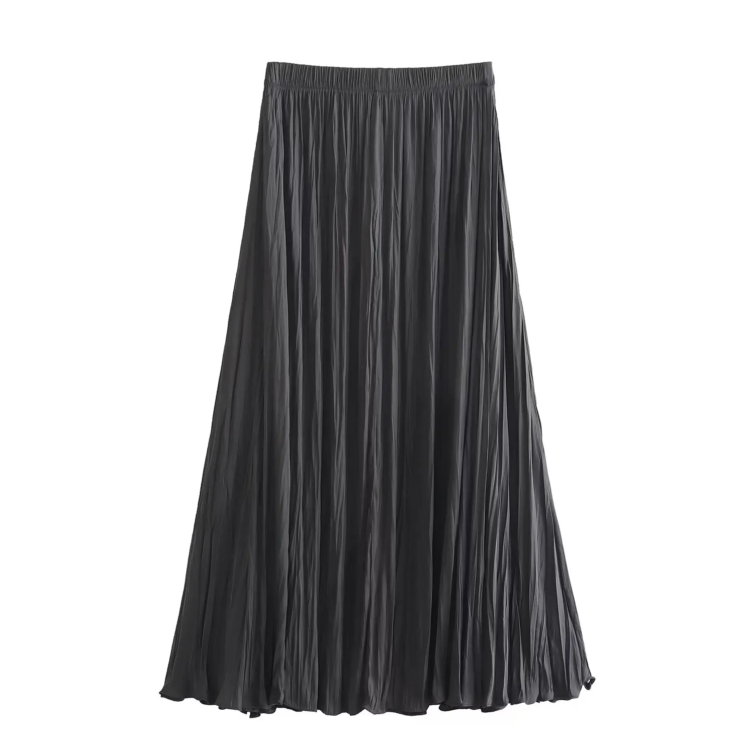 Withered French Fashion Ladies Simple Pleated Skirt Elastic Waist Casual Solid Color Commuter Midi Skirt Women