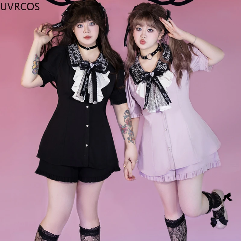 Japanese Gothic Y2k Lolita 2 Piece Sets Women Kawaii Bow Lace Short Sleeved Shirt Dress High Waist Rufffles Shorts Women Outfits