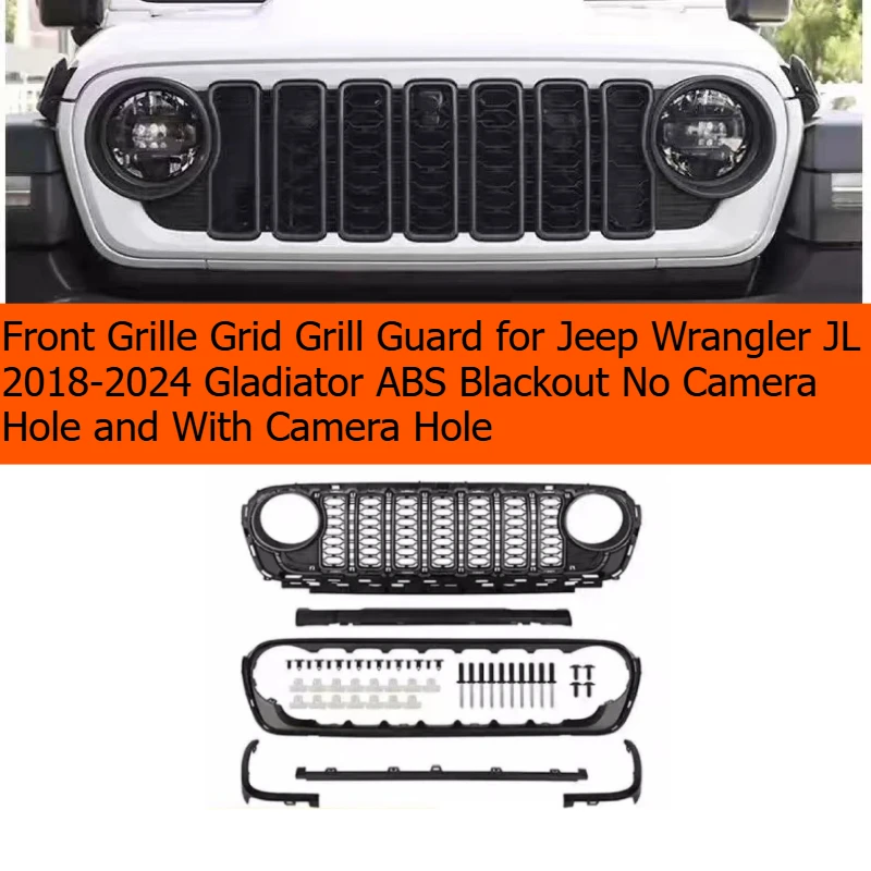 Front Grille Grid Grill Guard for Jeep Wrangler JL 2018-2024 Gladiator ABS Blackout No Camera Hole and With Camera Hole