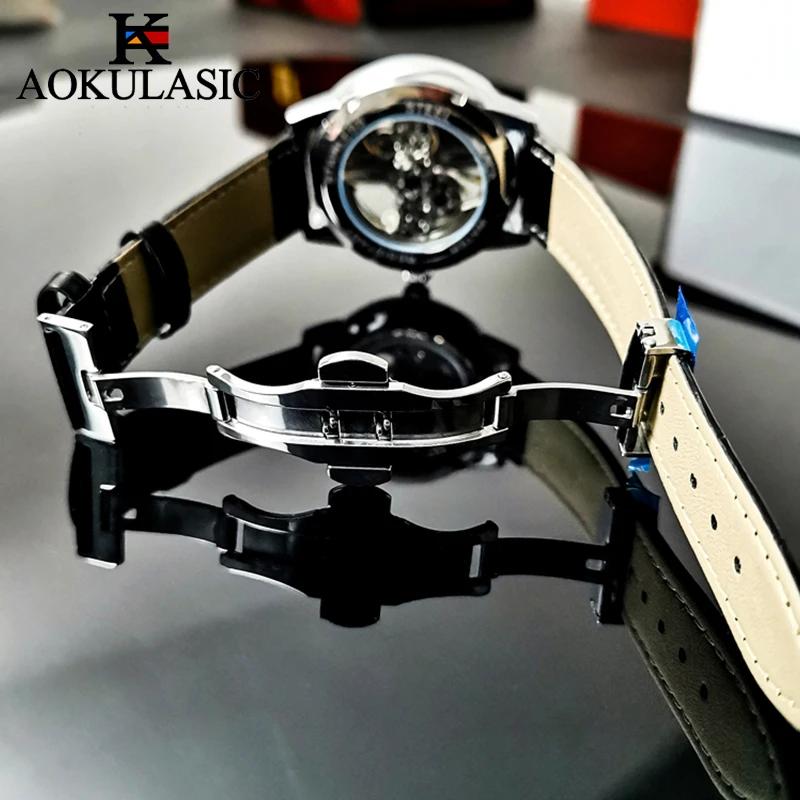 AOKULASIC الفاخرة جلد رجل آلات أوتوماتيكية ساعة ريترو الهاتفي تصميم الوجهين الجوف خارج توربيون مقاوم للماء ساعة رجالية