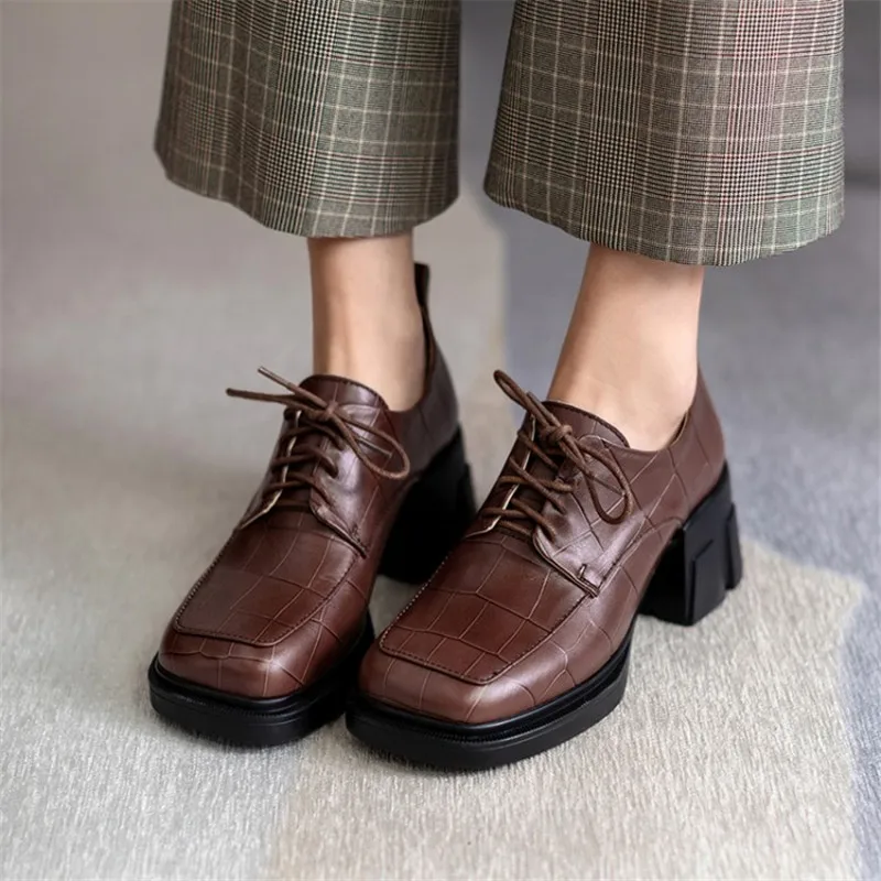 New Spring/Autumn Women Pumps Square Toe Lace-Up Chunky Heel Women Shoes Solid Platform Soft Leather Puls Size 42 Famele Shoes