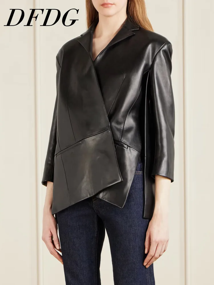 

DFDG Women 2026 Spring Faux Leather Blazer Asymmetrical Hem Patchwork Design Notched Lapel Three Quarter Sleeve Casual Chic Coat