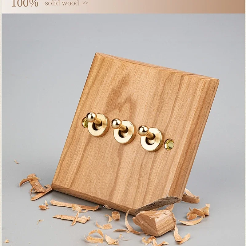 Vintage Beech Solid Wood Panel Brass Lever Wall Toggle Switch Wood Natural Color for Home Improvement