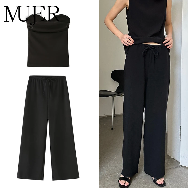 MUJER 2025 Women's Pants Sets Black Wide Leg Pants Sets for Women 2 Pieces Backless Crop Top Woman Casual Women's Trousers Suit