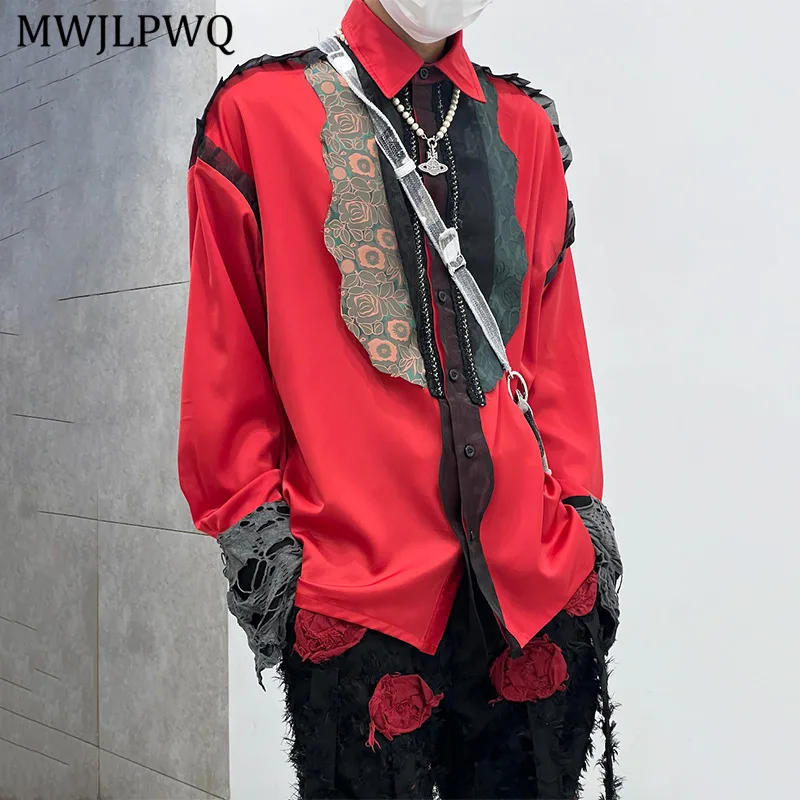 

MWJLPWQ 2025 Spring Summer Frayed Design Shirt Male High Street Loose Long Sleeve Turn-down Collar Red Casual Top Fashion 11084