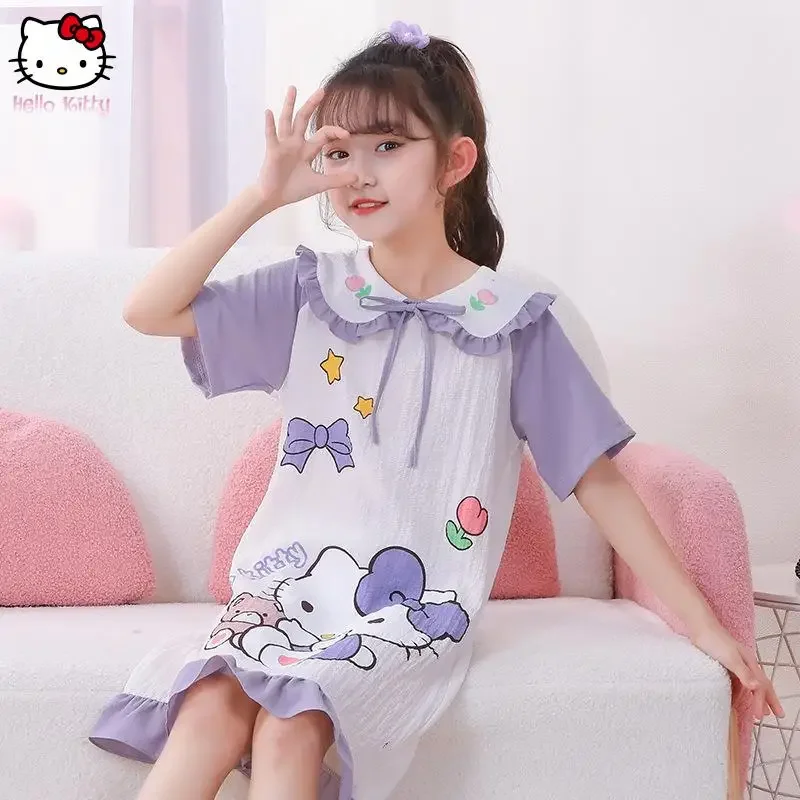 

Летняя ночная рубашка Hello Kitty в стиле аниме для девочек Sanrio, новая детская юбка принцессы Kawaii с героями мультфильмов, свободная тонкая милая домашняя одежда с короткими рукавами