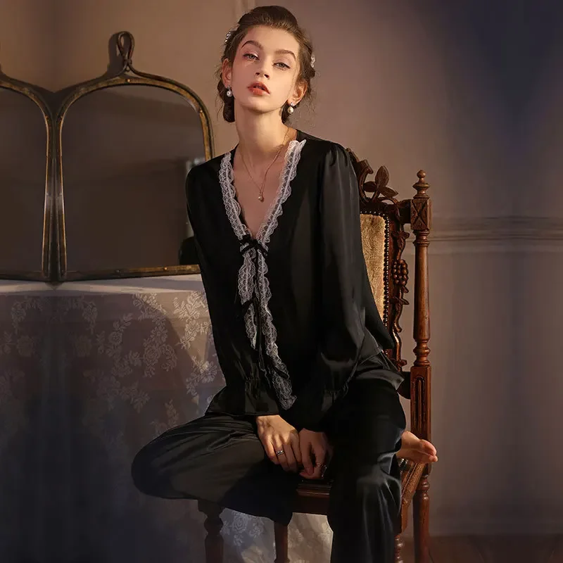 Ropa de dormir fina de satén para mujer, ropa de dormir con borde de encaje, cárdigan de manga larga con cuello en V, conjunto de pijama estilo corte francés para verano