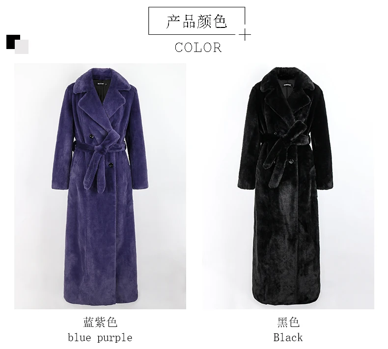 Nerazzurri Winter Extra Long Purple Black Thick Warm Soft Fluffy Faux Fur Coat Women Sashes Double Breasted Furry Overcoat 2022