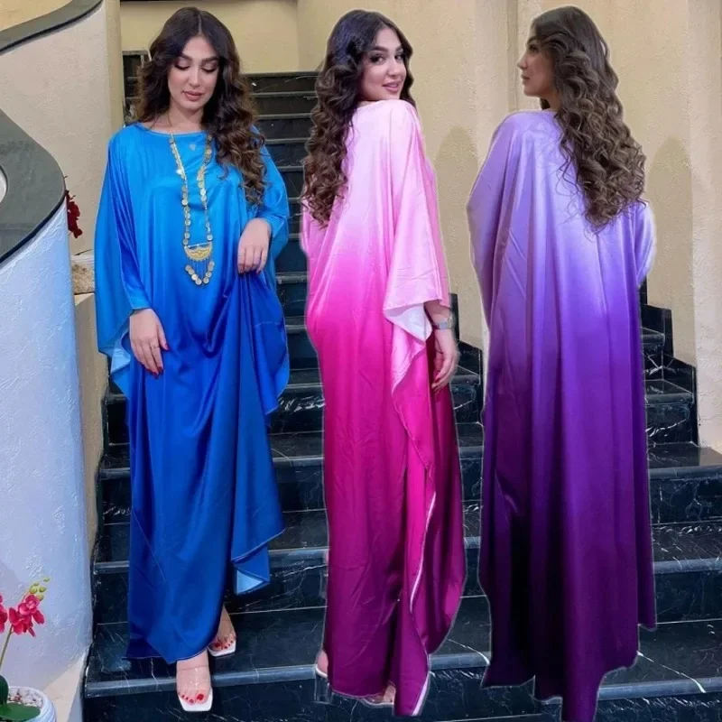 

2024 Women Gradient Batwing Sleeve Dress Ethnic Vestidos Muslim Islamic Abaya Kaftan Turkey Robe Gown Female Clothes