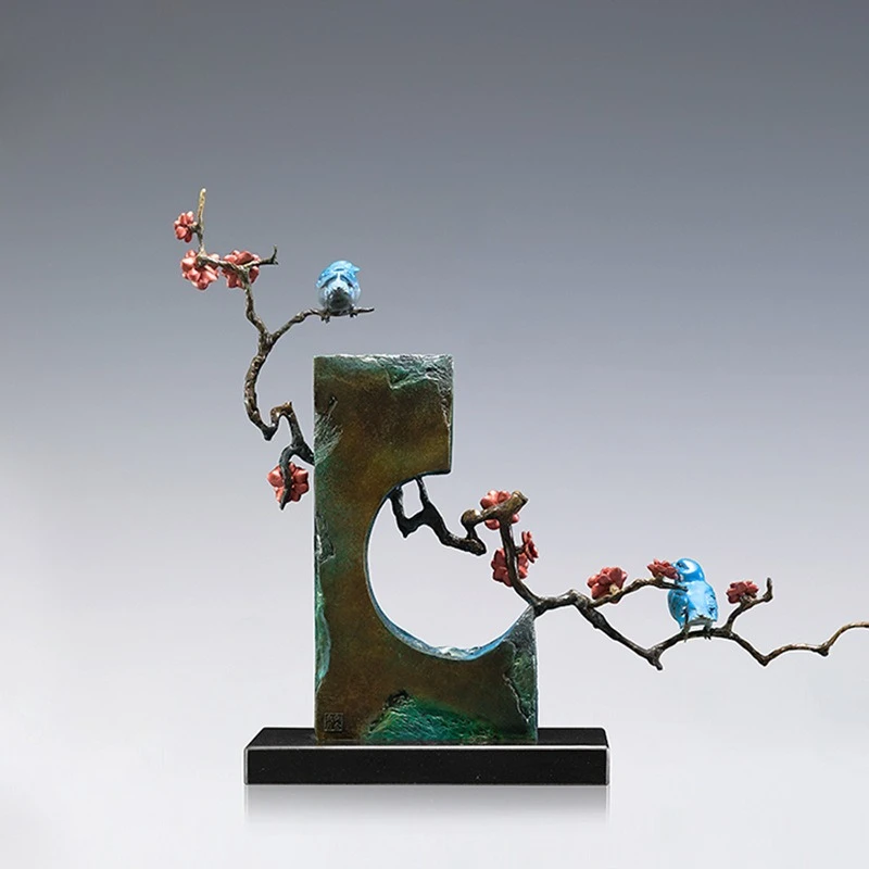 Happy Eyebrows Lamei Flower and Bird Copper Ornament Office Boss Table Bird Color Metal Copper Handicraft