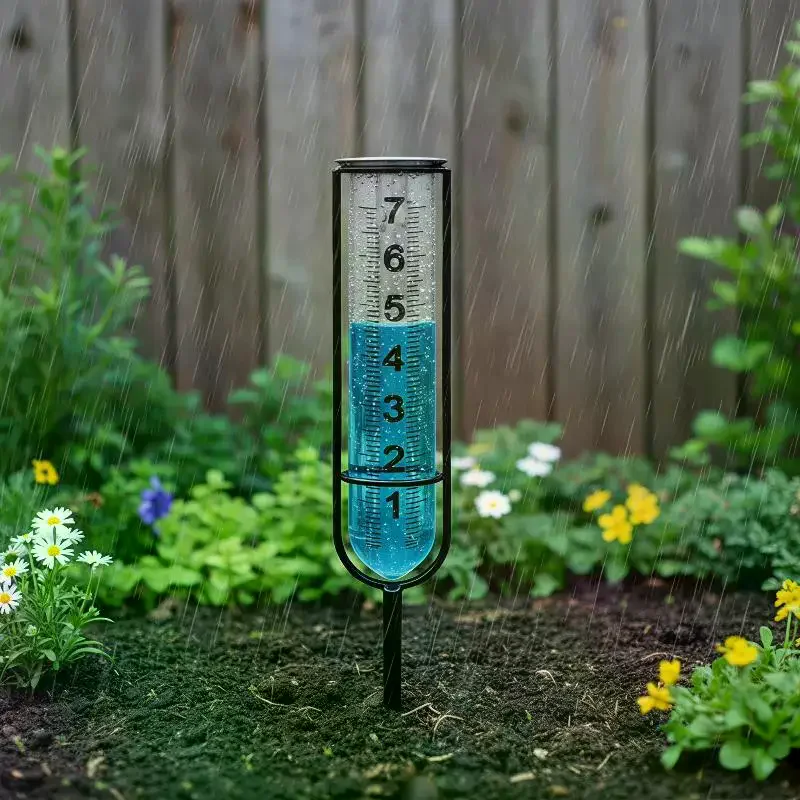 Glass Rain Gauge With 7 Inch Capacity Clear Scale And Sturdy Metal Stake Perfect For Garden Lawn Yard Use