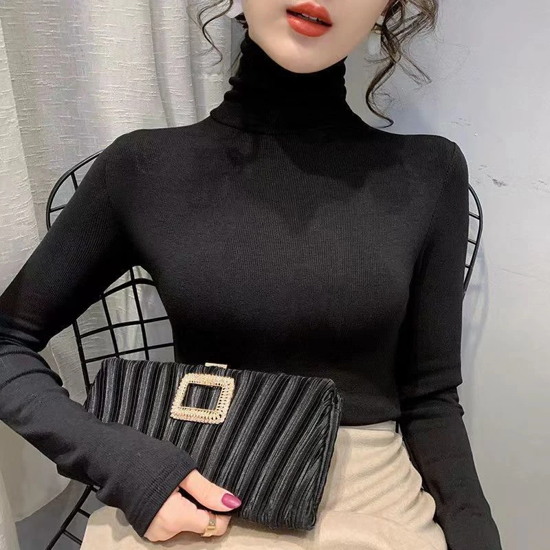 Rimocy Women Autumn Winter Turtleneck Sweater Long Sleeve Simple Basic Knitted Jumpers Woman High Elastic Chic Knitwear Ladies