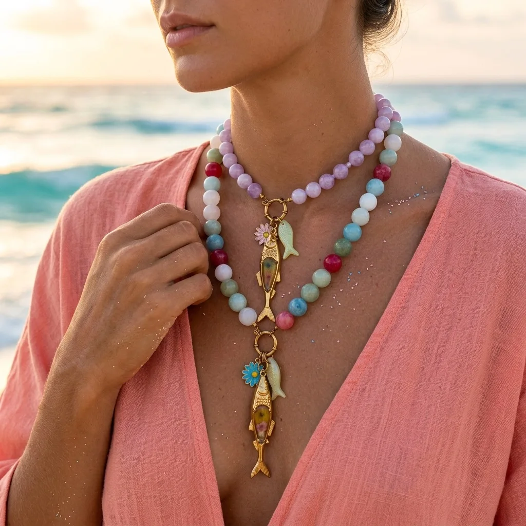 Rainbow Natural Stone Beaded Chain Necklace Women Bohomian Stainless Steel Fish Flower Charm Pendant Summer Daily Jewelry Gift