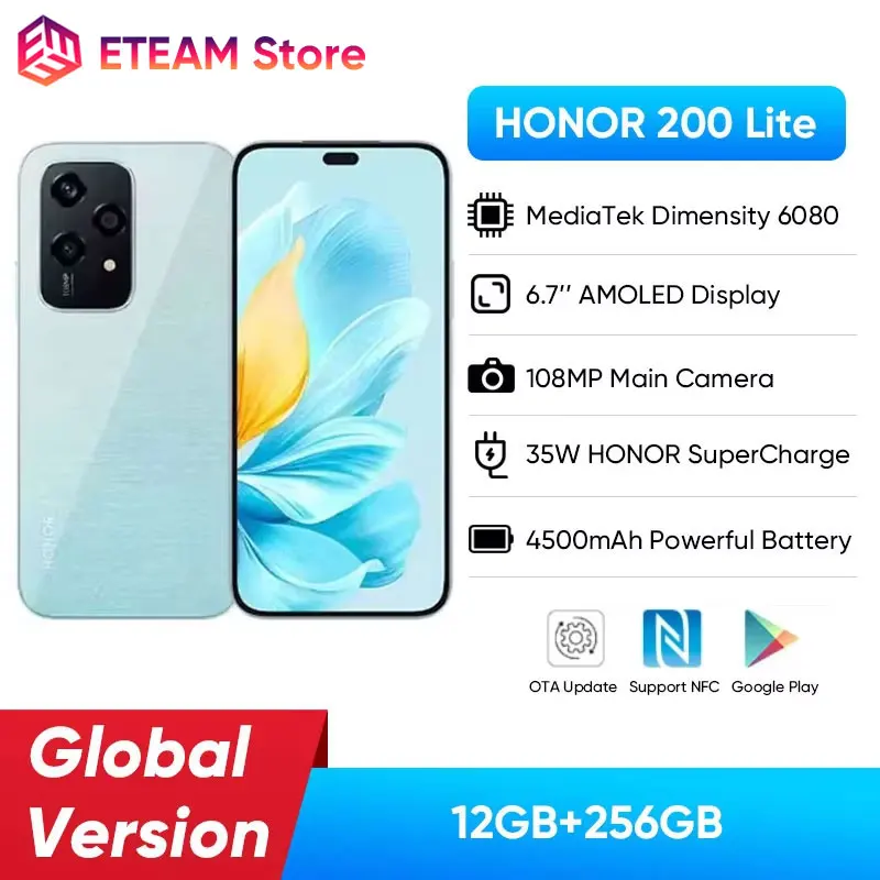 2024 Global Version HONOR 200 Lite 12GB+256GB ROM 5G Smartphone Mediatek Dimensity 6080 6.7'' AMOLED Display 108MP Main Camera