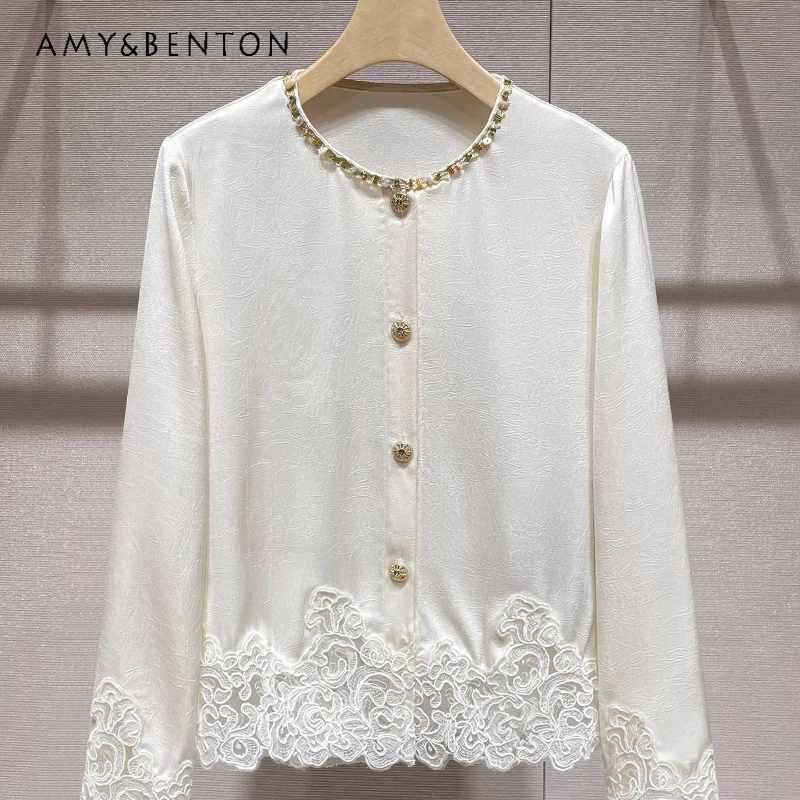 

French Retro Design Women's Shirt Top 2026 Spring New Model Beaded Round Neck Trim Lace Splicing Loose Versatile Shirts Ladies