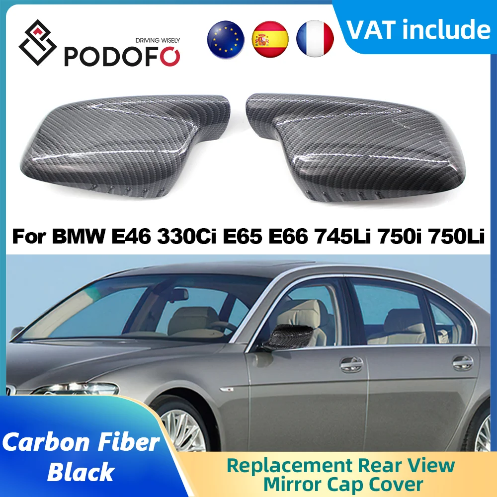 Podofo Side Mirror Cover Cap Carbon Fiber Black For BMW E46 330Ci E65 E66 745Li 750i 750Li