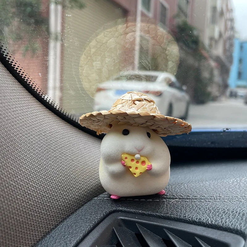 Cute hamster with straw hat car ornament car decoration car interior dashboard accessories