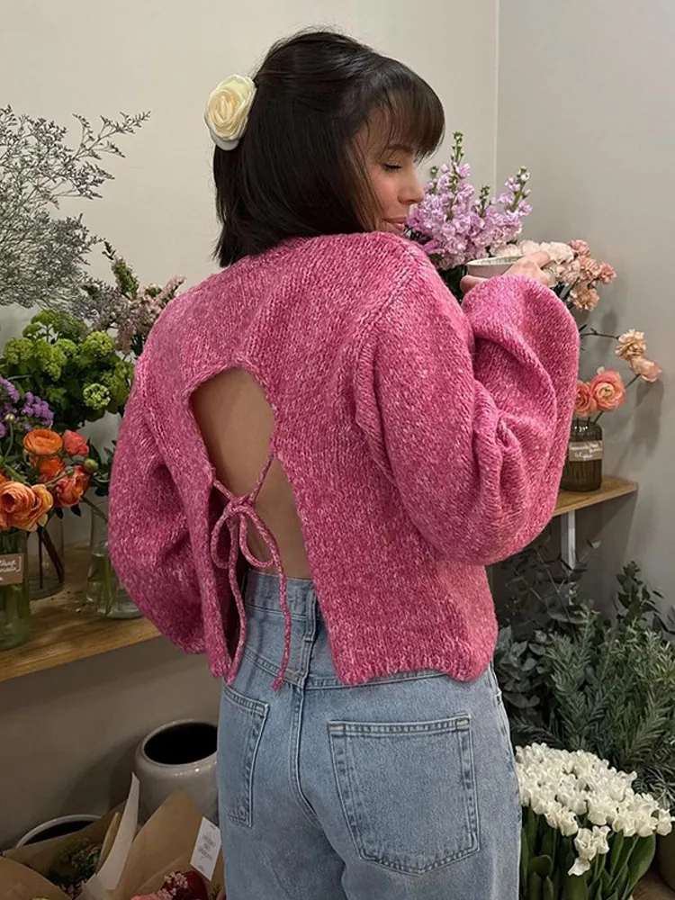 Women Solid Backless Knitted Sweater Casual Lace Up Round Neck Full Sleeve Loose Pullover Lady New Daily Street Autumn Pullovers