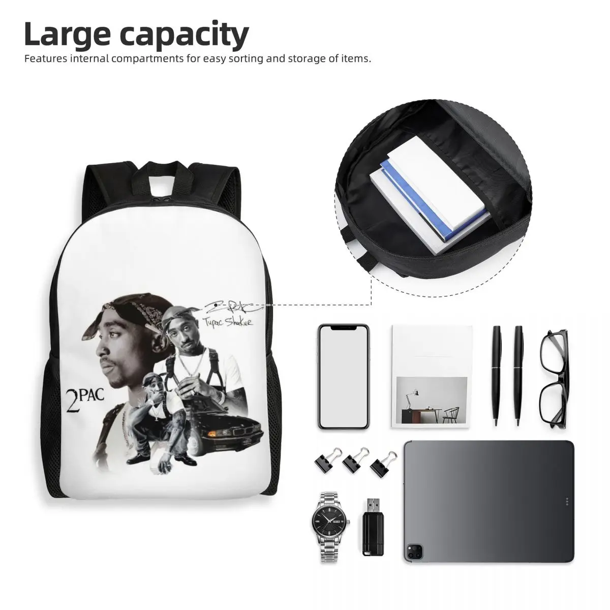 Sac à dos personnalisé 2Pac rappeur Tupac pour femmes et hommes, sac d'école étanche, sac à livres imprimé