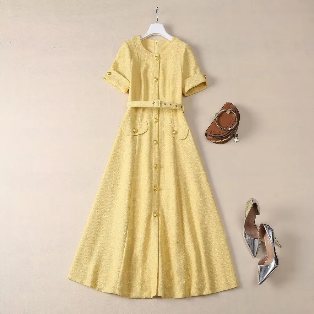 

European and American women's clothing 2024 summer new Round neck Short-sleeved yellow single-breasted belt Pleated dress XXL