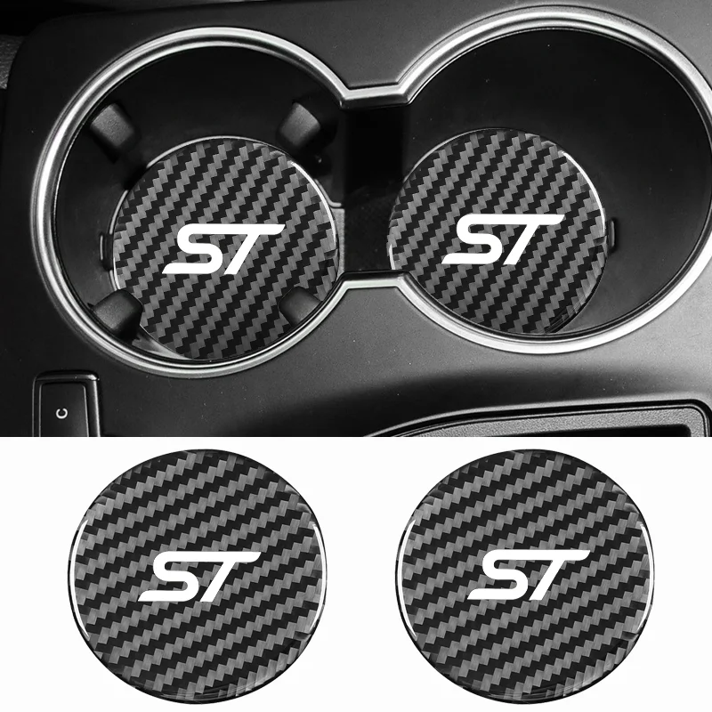 2Pcs Car Carbon Fiber Pattern Coaster Non Slip Water Cup Mat Anti-Dirt for Ford St St-line Focus F150 Mk2 St Vignale