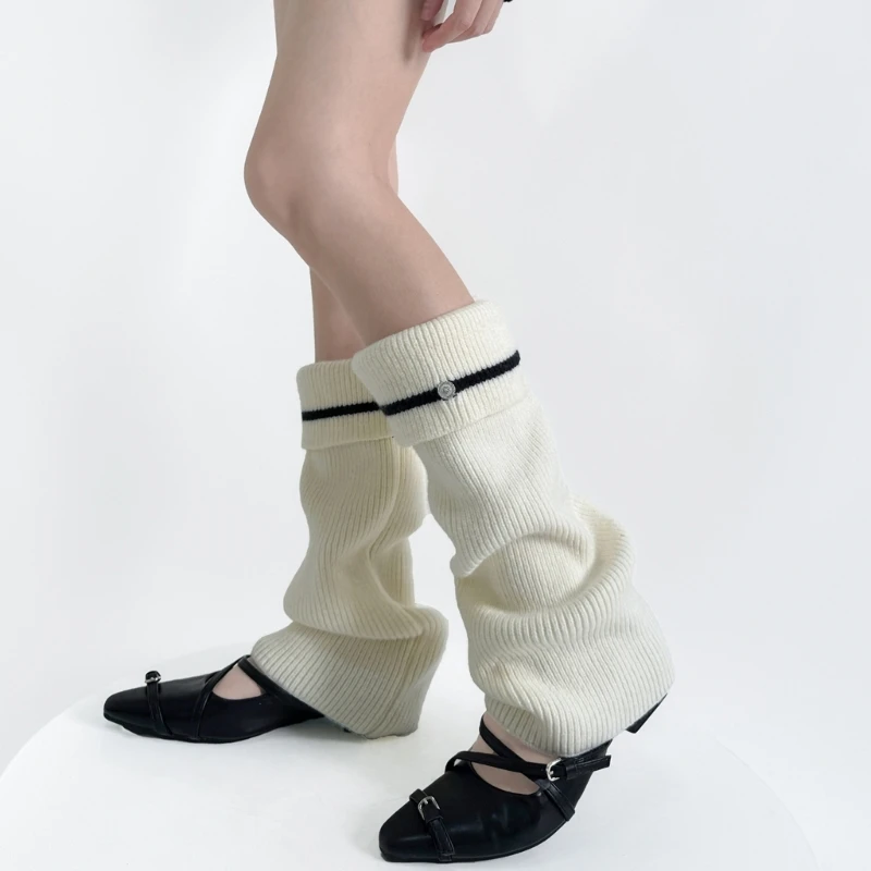 Fashion Turn Cuff Striped Knitted Leg Warmers with Metal Button for Women Slouchy Flared Leg Sleeves Boot Covers Socks