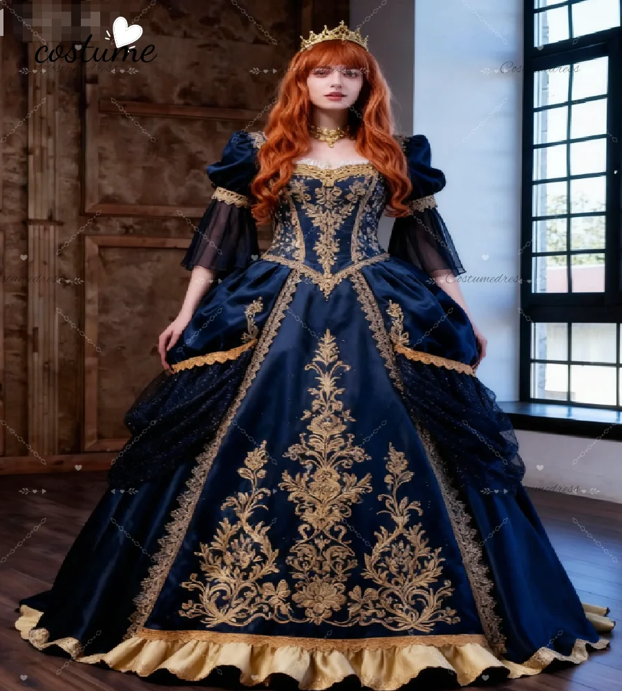 Vintage Navy Fantasy Evening Dress With Gold Lace Elegant Celtic Renaissance Faire Viking Prom Dress Graceful Costume Prty Gowns