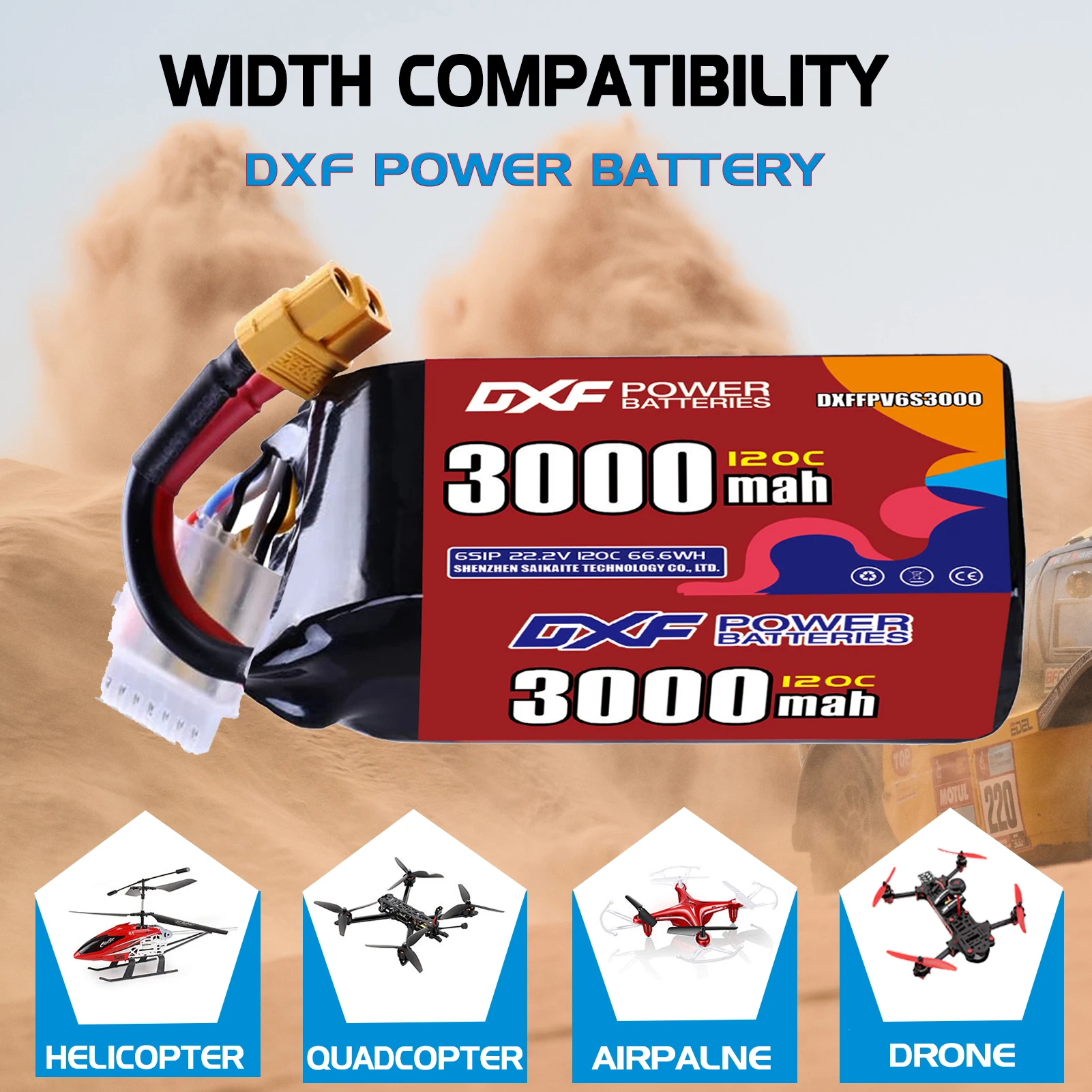 DXF Lipo 6S batterie 22.2V 2600mAh 3000mAh 2200mAh 1100mAh 120C avec prise XT30 XT60 JST pour hélicoptère FPV quadrirotor Drone
