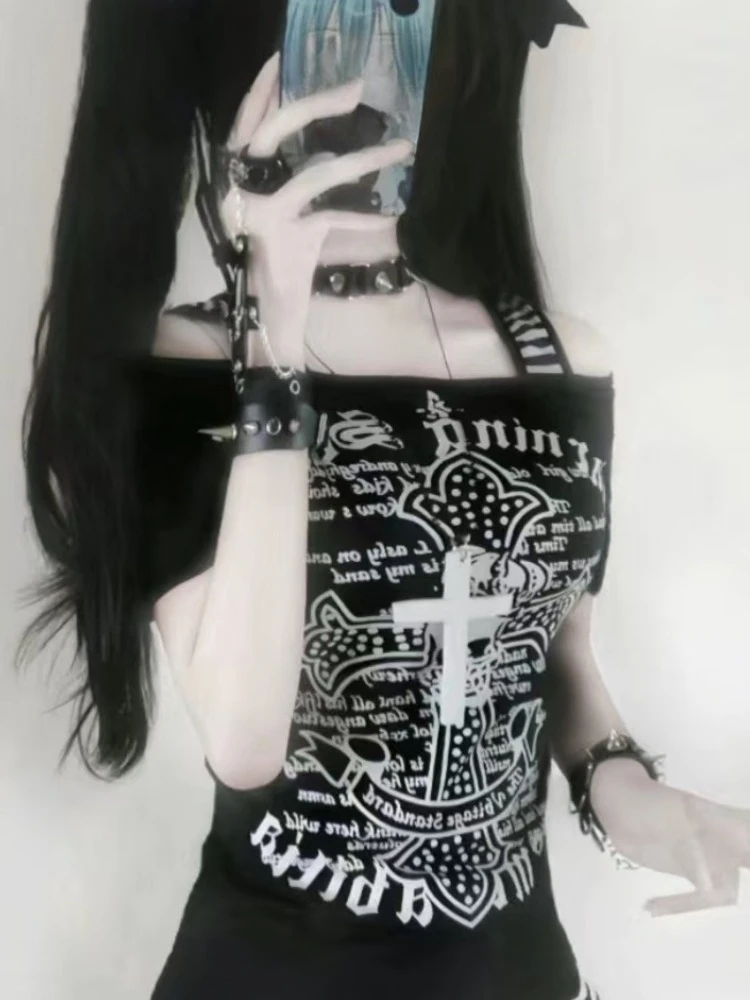 Y2K خمر قبالة الكتف القمم المرأة إلكتروني طباعة مخطط المرقعة سليم تي شيرت قصير الأكمام الصيف الألفية موضة تيز جديد