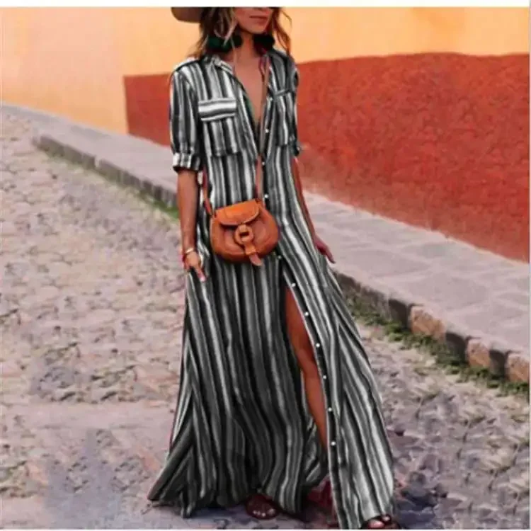 Women's Shirt Long Dress Large Striped Long Skirt Bohemian Style Beach Resort Dress for Women Short Sleeved One-piece Dress