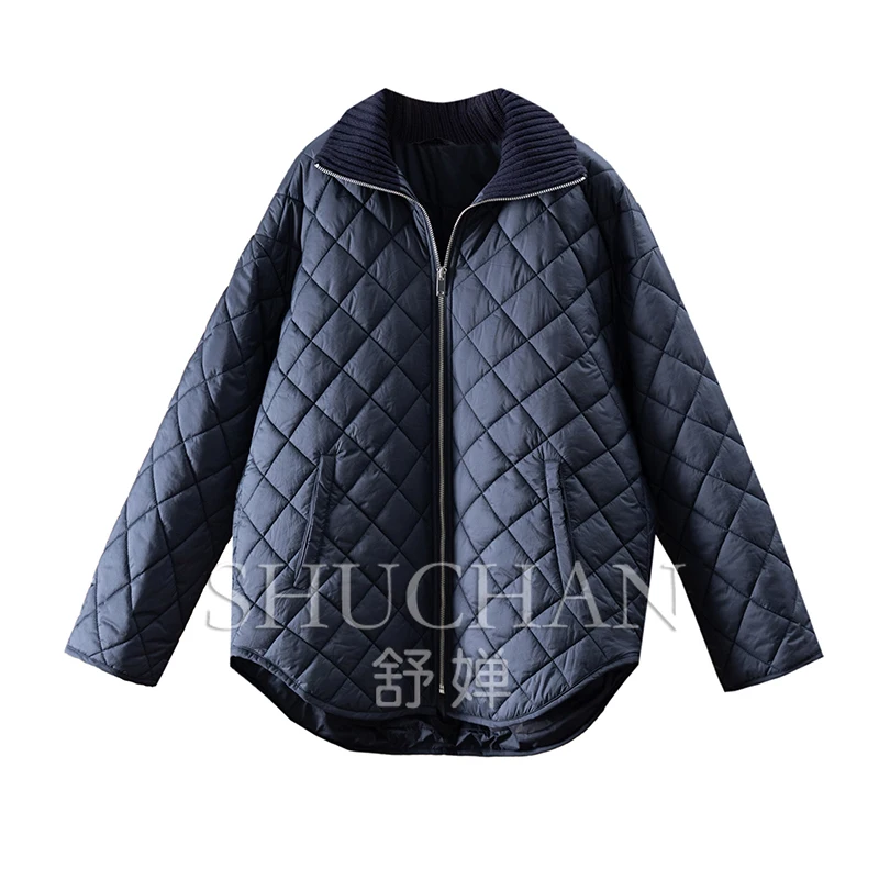 Argyle Quilted Coats Women New Winter  Navy Blue Designer  Jacket Women Casaco Feminino Inverno 2024 Zipper