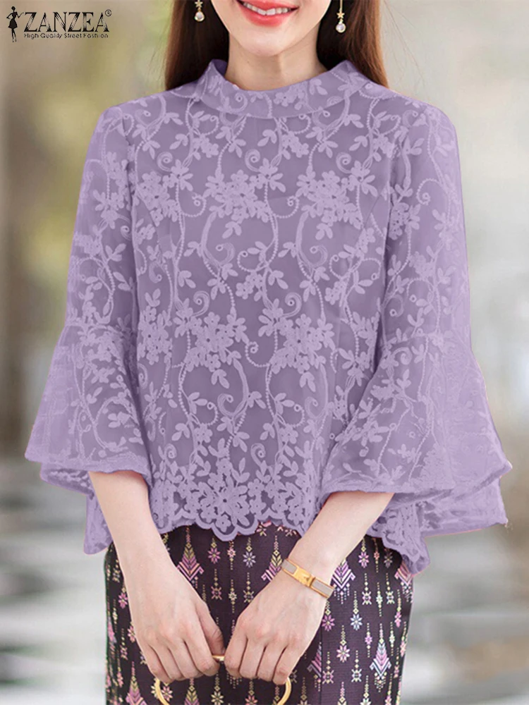 

Женские стильные кружевные лоскутные блузки 2025 ZANZEA, элегантная офисная рубашка, летние богемные праздничные топы с рукавами 3/4, ажурные блузки