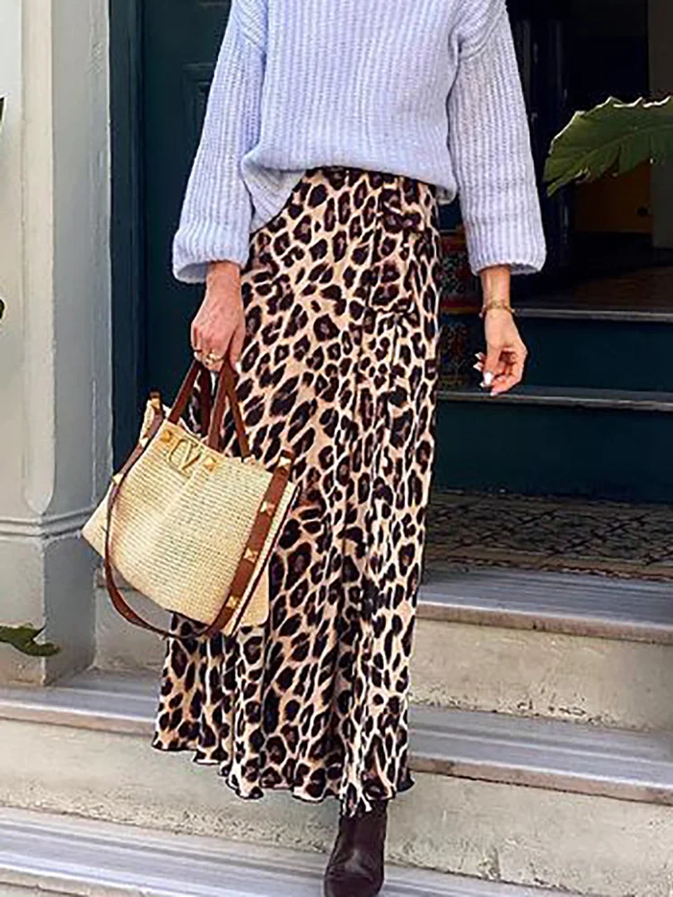 Casual Long Leopard Skirts for Women Vintage 2024 Summer A Line Slim Fitness Skirt Elegant Lady Party Night Skirts Dropshipping