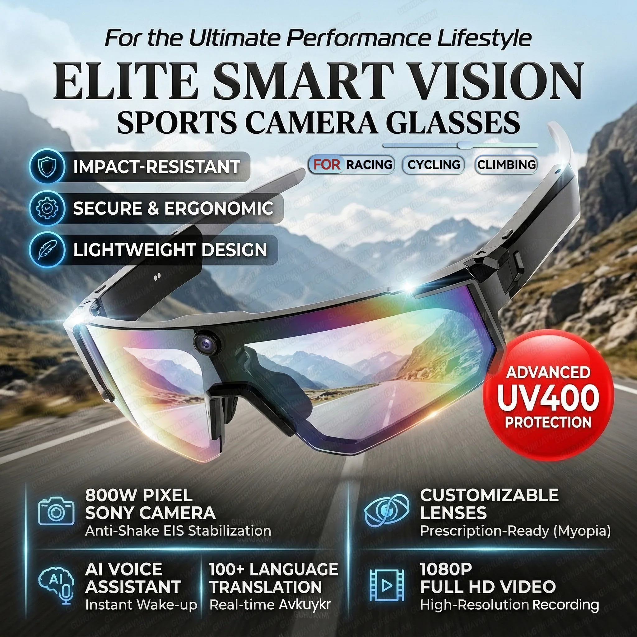 

New 800W Pixel Smart AI Glasses 1080P Video Recording Camera Sunglasses 32GB WiFi 100+ Translation Voice Control Outdoor Sports