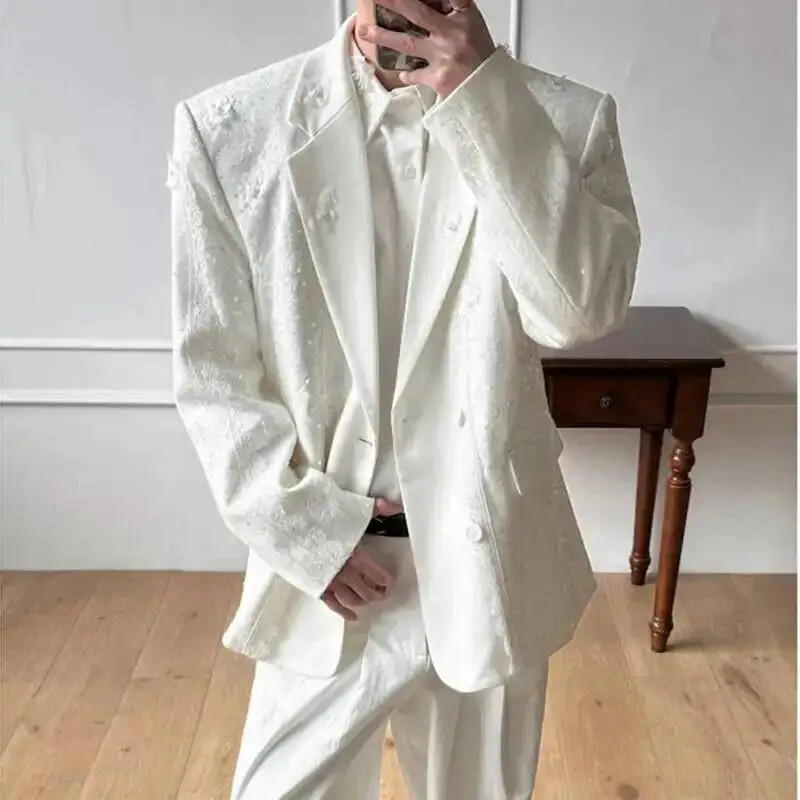 Luxury Men's Lace Blazer 3D Floral Applique Sequin Detail Double Breasted Oversized Party Wear Premium Suit Jacket 9XPA00