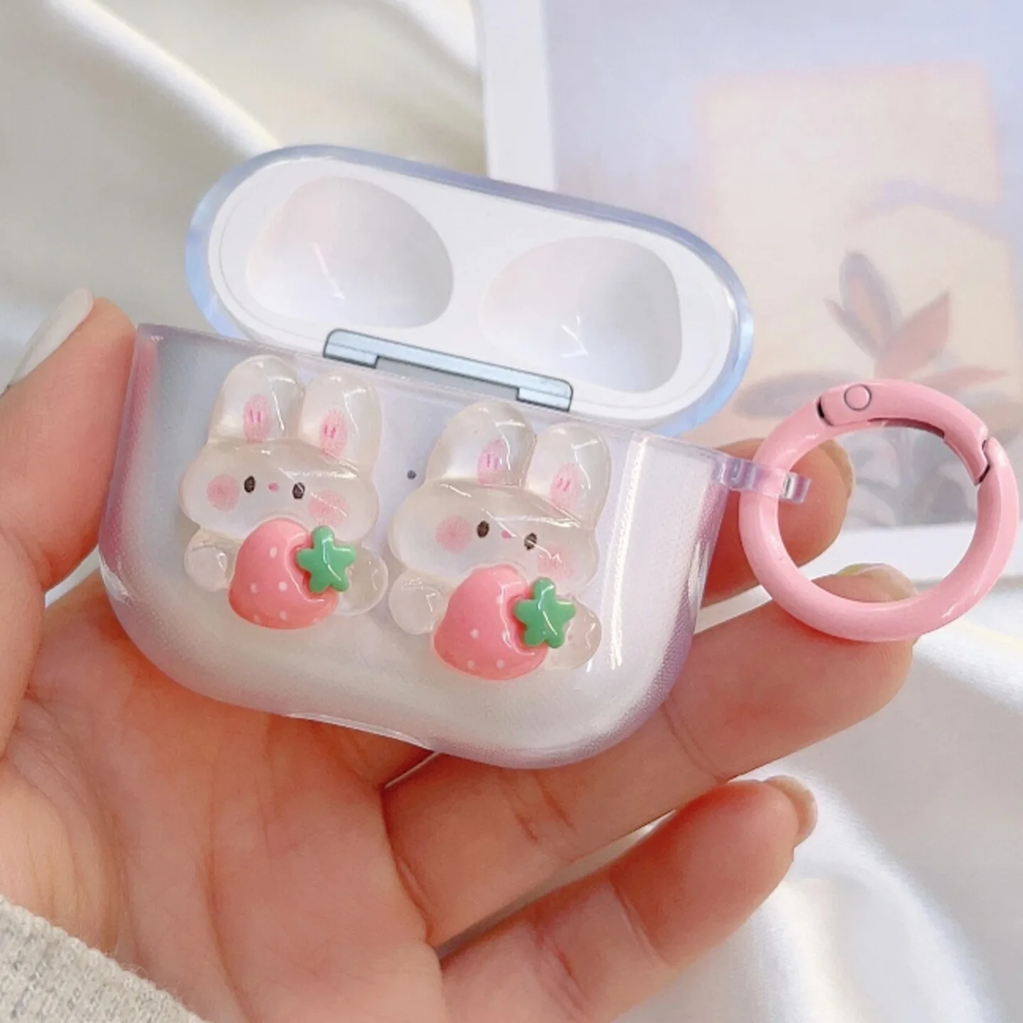 Cute rabbits  strawberry Apple airpod Wireless Earmuffs Anti-Scratch airPods Pro Protective Case Headphones iPhone 3D ins Case