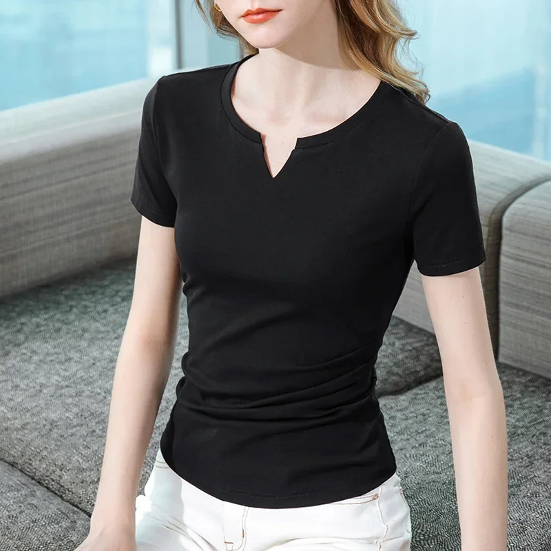 WT23   Short sleeve T-shirt women's summer 2023 new women's open v round neck elastic cotton T-shirt simple solid color