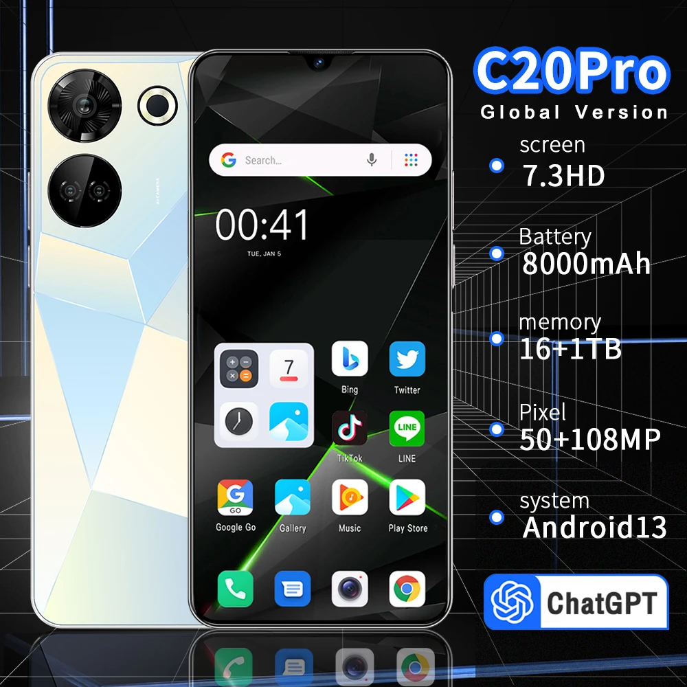 Globalny C20 Pro nowy telefon do gier 6.8 ''HD + Android 13 16GB + 1TB 8000mAh odblokowanie twarzą odcisk palca odcisk palca edycja 5G telefon komórkowy